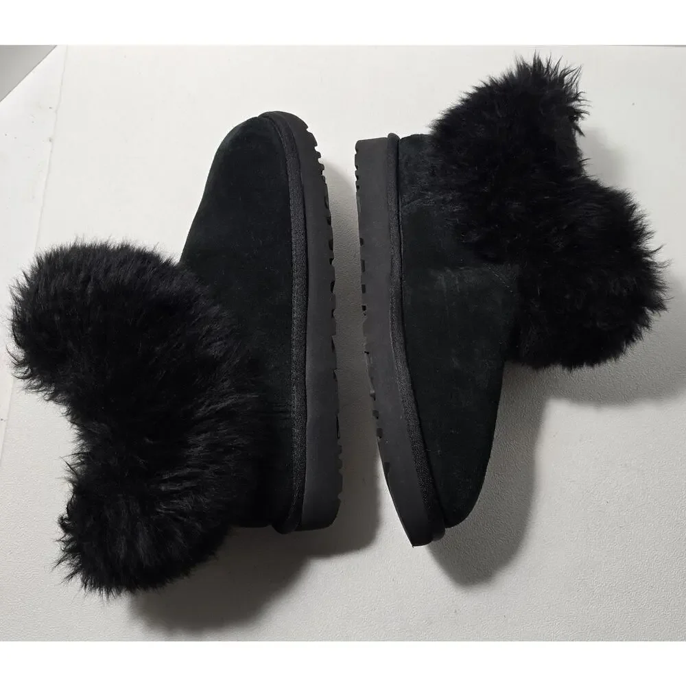UGG Mini Fluff Collar Women's Black Booties Sheepskin Suede US Size 8 (1112491)